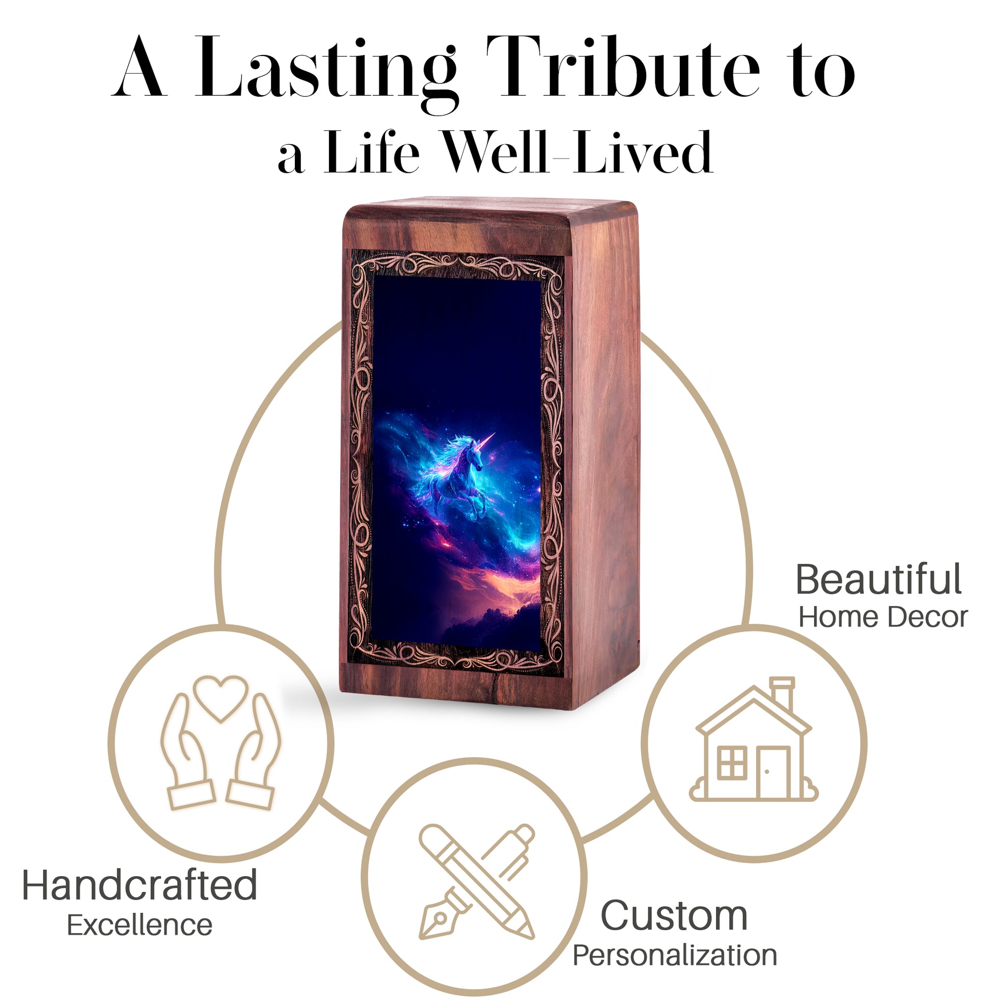Unicorn Wood Cremation Urn For Burial - Blue Galaxy Fantasy Wooden Box For Men
