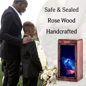 Unicorn Wood Cremation Urn For Burial - Blue Galaxy Fantasy Wooden Box For Men