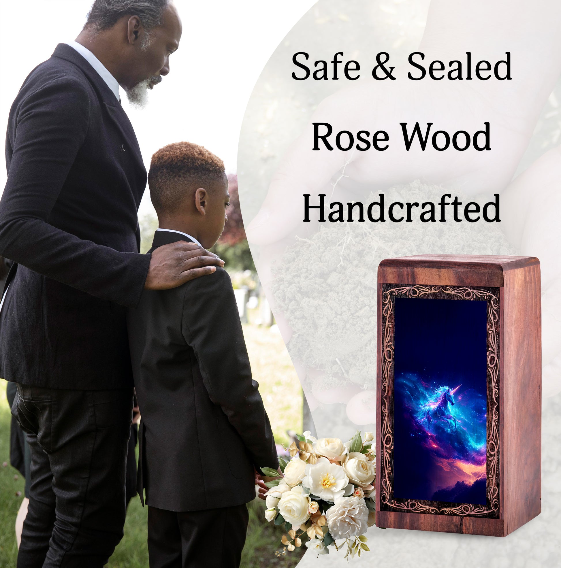 Unicorn Wood Cremation Urn For Burial - Blue Galaxy Fantasy Wooden Box For Men