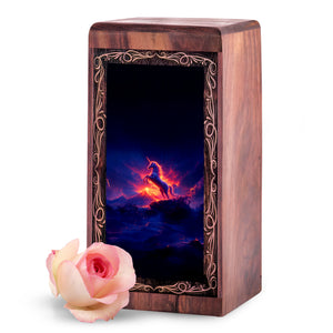 Rosewood Unicorn Urn Box Ashes - Decorative Wooden Box With Fire Unicorn