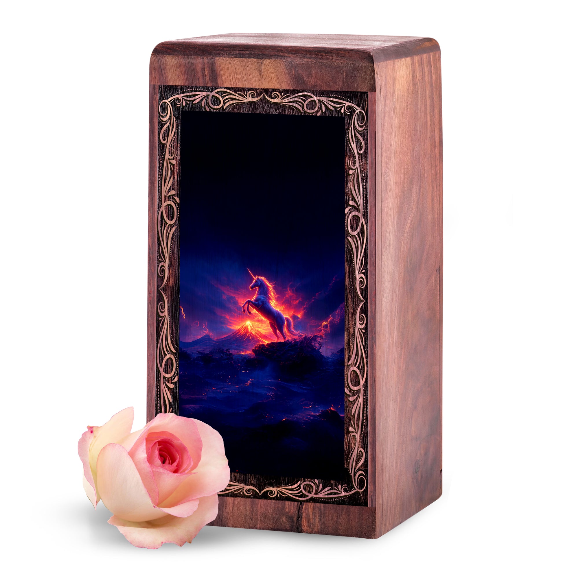 Rosewood Unicorn Urn Box Ashes - Decorative Wooden Box With Fire Unicorn