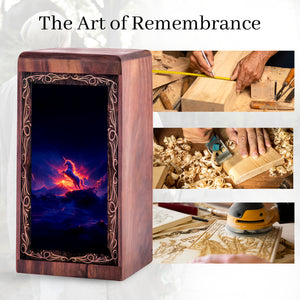 Rosewood Unicorn Urn Box Ashes - Decorative Wooden Box With Fire Unicorn