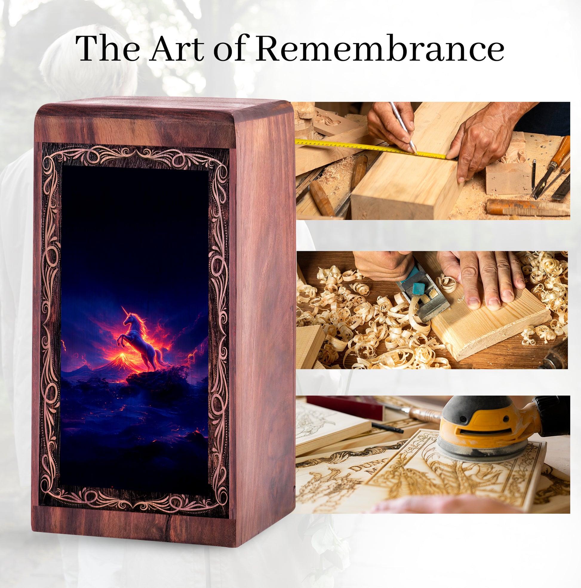 Rosewood Unicorn Urn Box Ashes - Decorative Wooden Box With Fire Unicorn