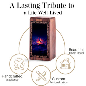 Rosewood Unicorn Urn Box Ashes - Decorative Wooden Box With Fire Unicorn