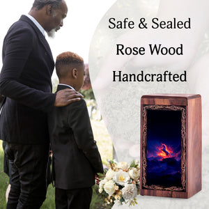Rosewood Unicorn Urn Box Ashes - Decorative Wooden Box With Fire Unicorn