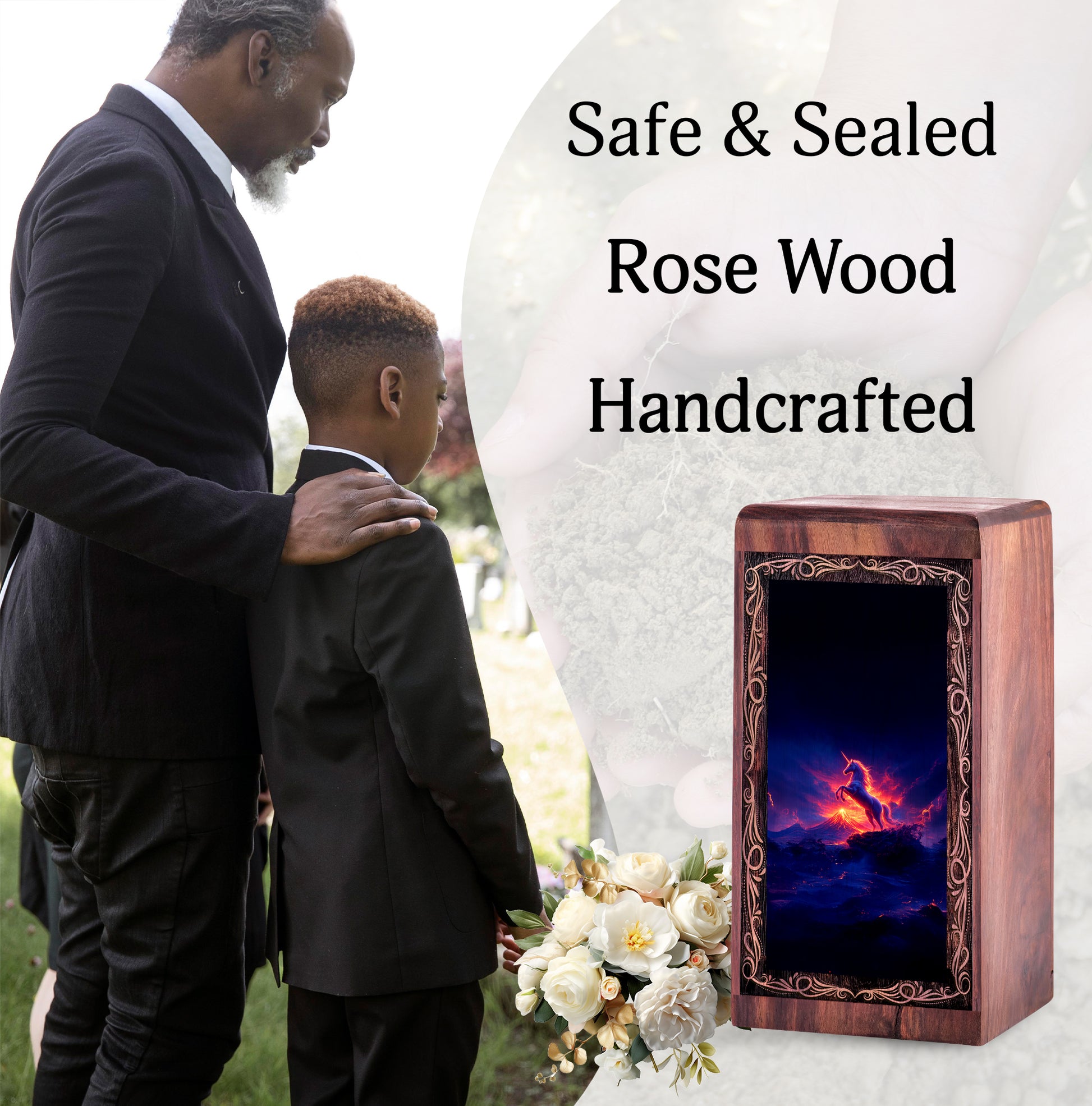 Rosewood Unicorn Urn Box Ashes - Decorative Wooden Box With Fire Unicorn