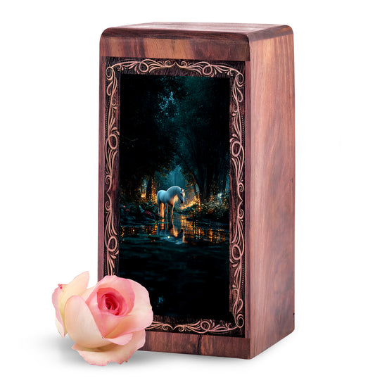 Unicorn Urn for Ashes - Decorative Wood Box with Lake Design For Ashes