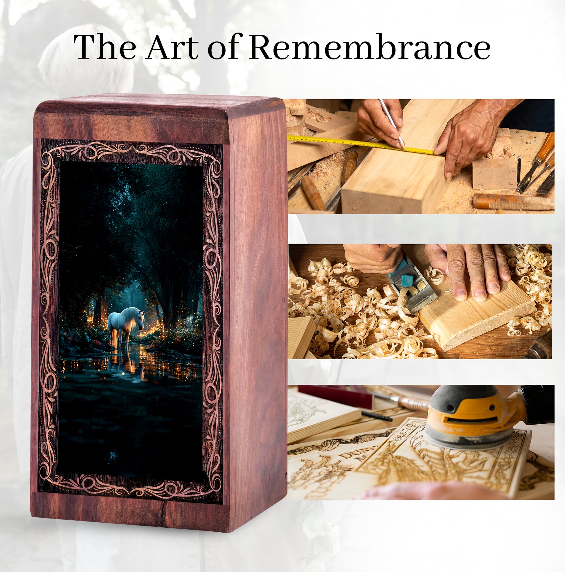 Unicorn Urn for Ashes - Decorative Wood Box with Lake Design For Ashes