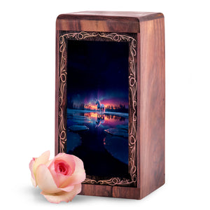 Unicorn Wooden Cremation Urn - Northern Lights Themed Wooden Keepsake Box For Men