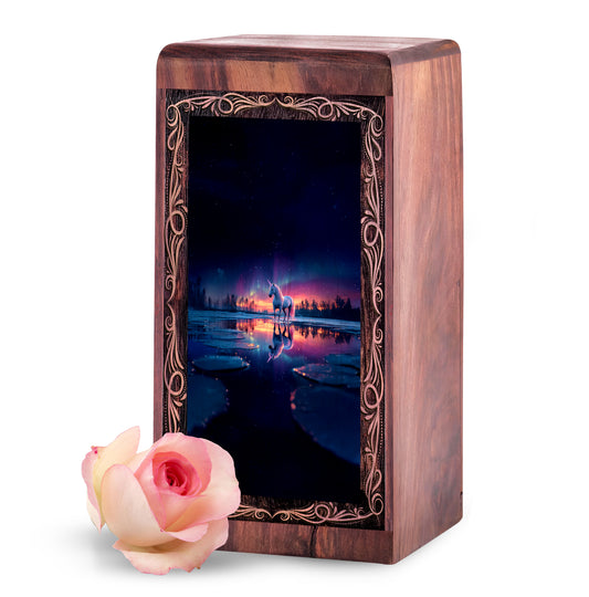 Unicorn Wooden Cremation Urn - Northern Lights Themed Wooden Keepsake Box For Men