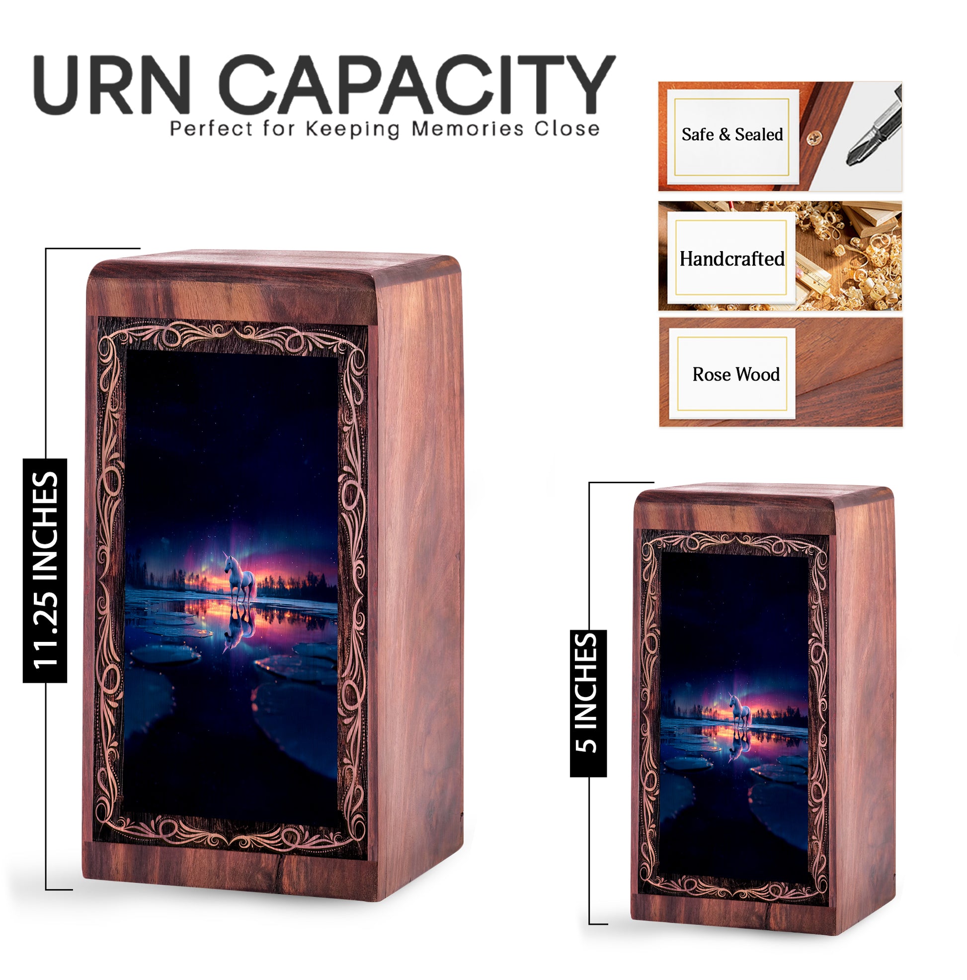 Unicorn Wooden Cremation Urn - Northern Lights Themed Wooden Keepsake Box For Men