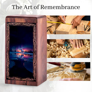 Unicorn Wooden Cremation Urn - Northern Lights Themed Wooden Keepsake Box For Men