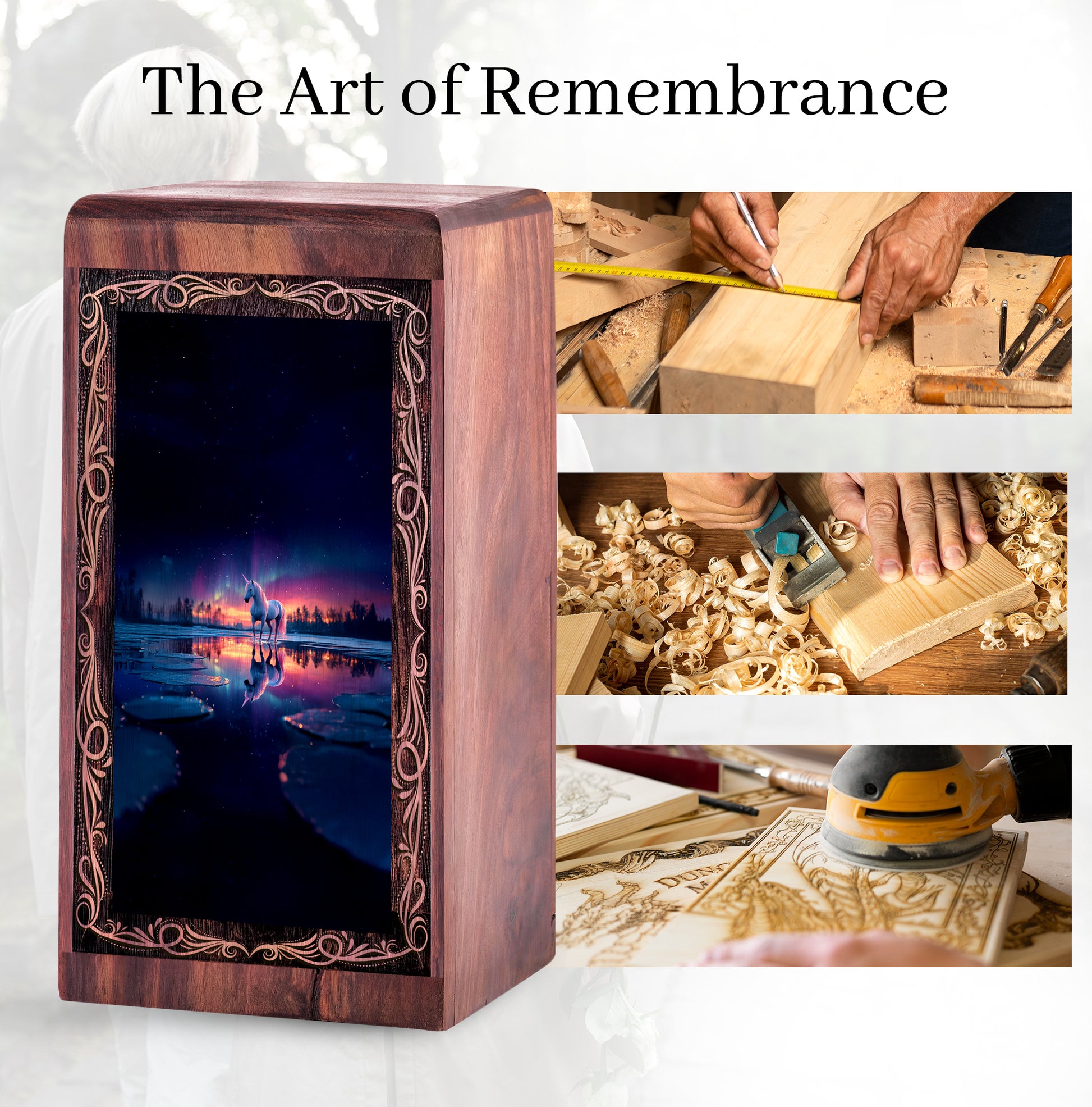 Unicorn Wooden Cremation Urn - Northern Lights Themed Wooden Keepsake Box For Men