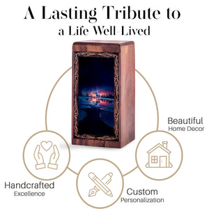 Unicorn Wooden Cremation Urn - Northern Lights Themed Wooden Keepsake Box For Men
