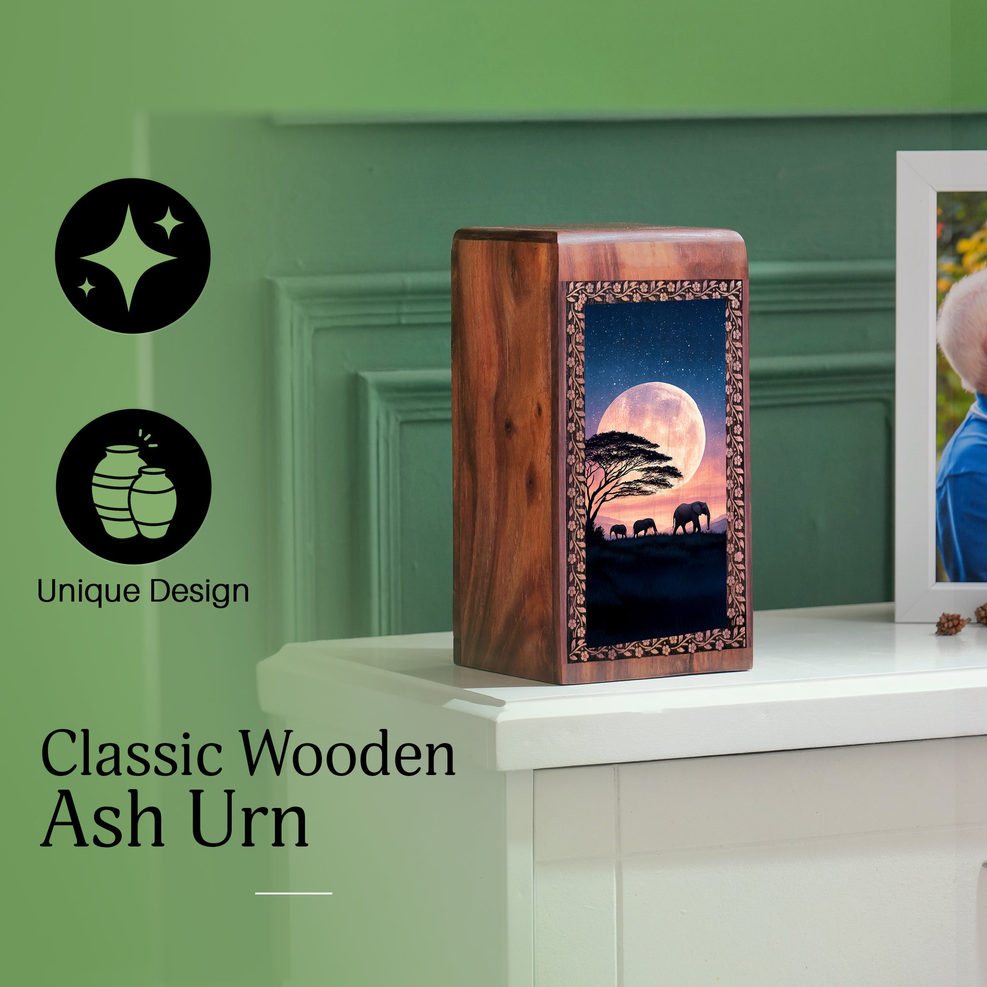Elephant Wooden Cremation Urn For Ground Burial - Urn For Adult Human Ashes
