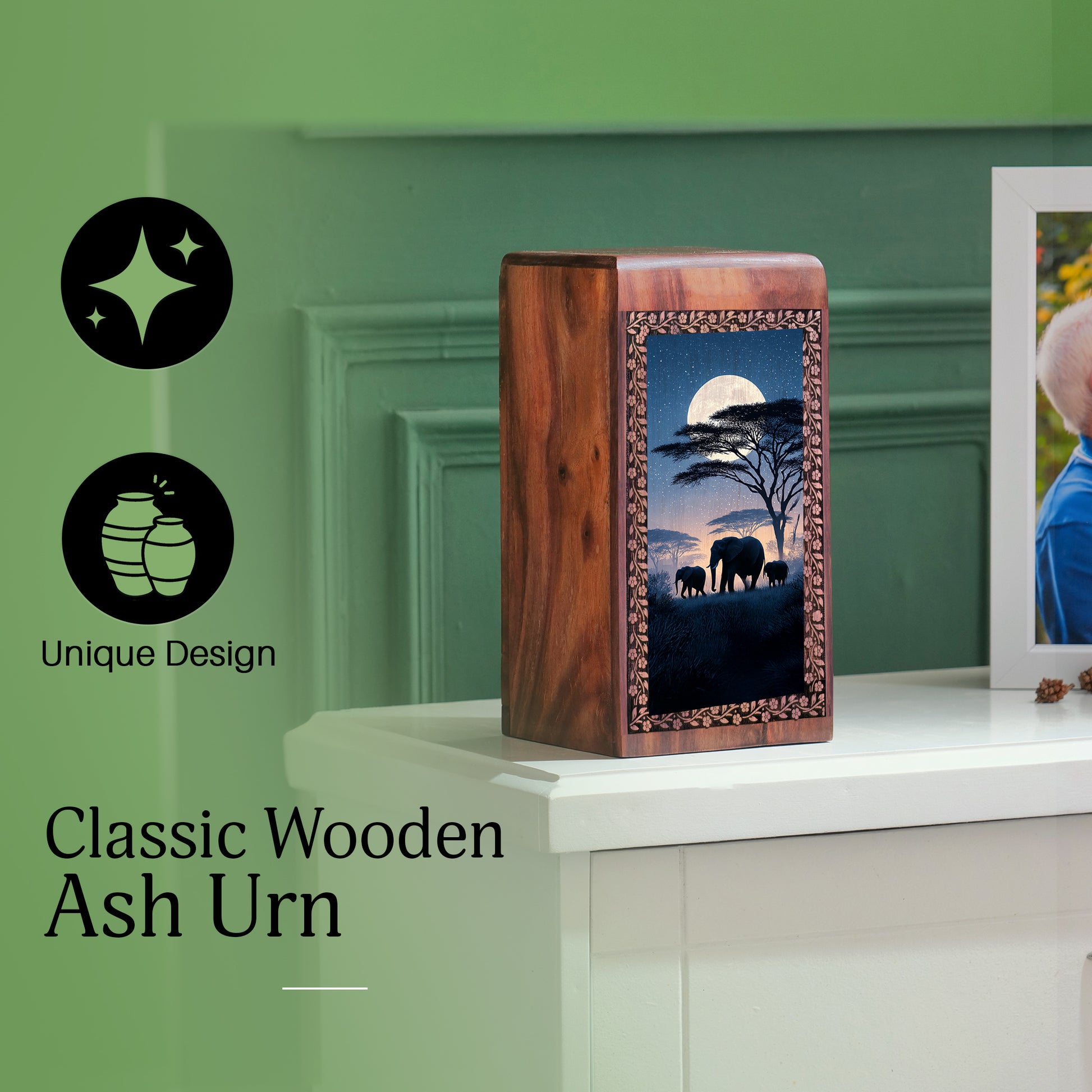 Elephant Family Urn Box For Ashes - Handcrafted Urn For Adult Male & Female