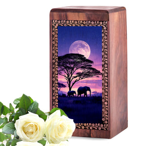 Elephant Themed Urn For Memorial - Lunar Moon Wooden Cremation Ashes Box