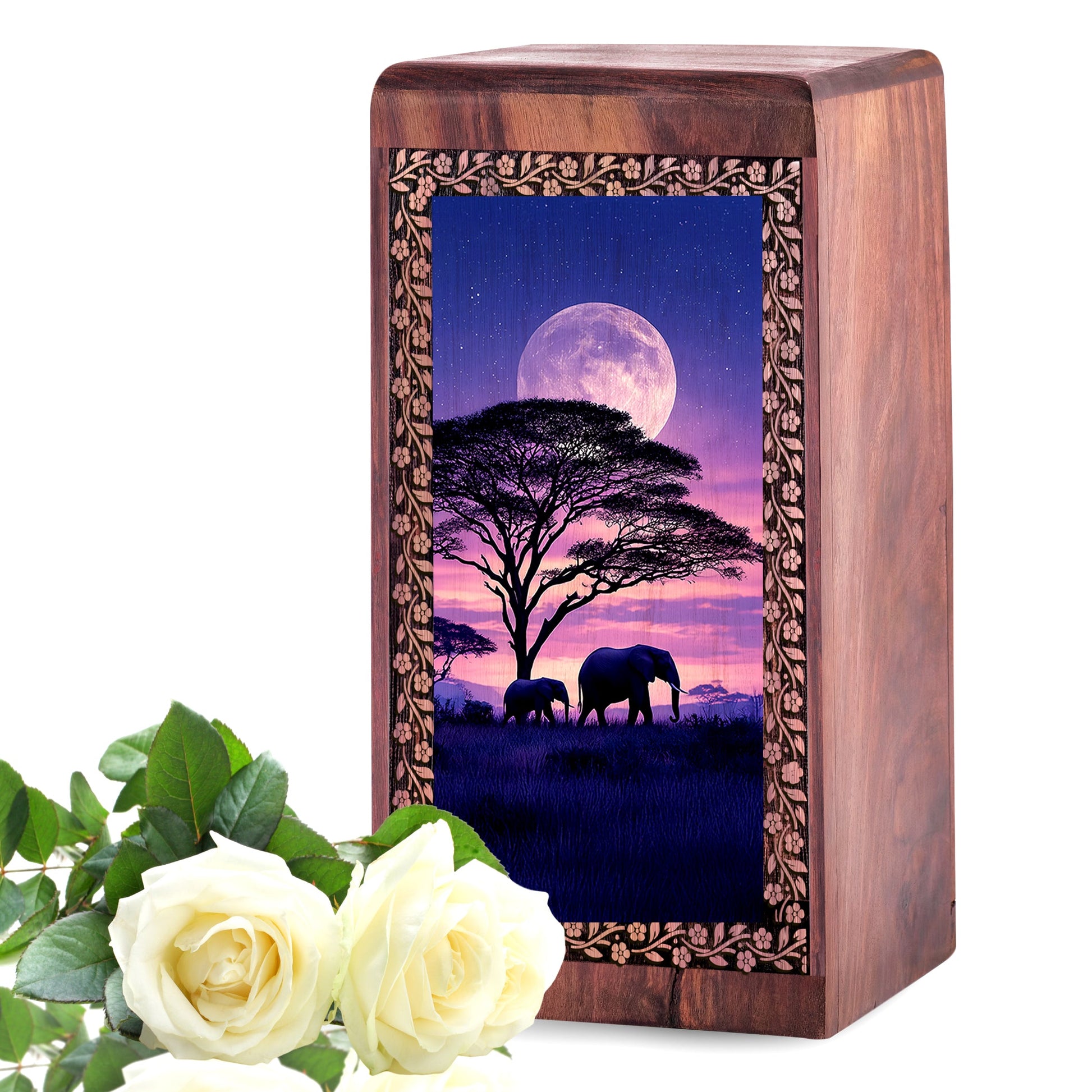 Elephant Themed Urn For Memorial - Lunar Moon Wooden Cremation Ashes Box