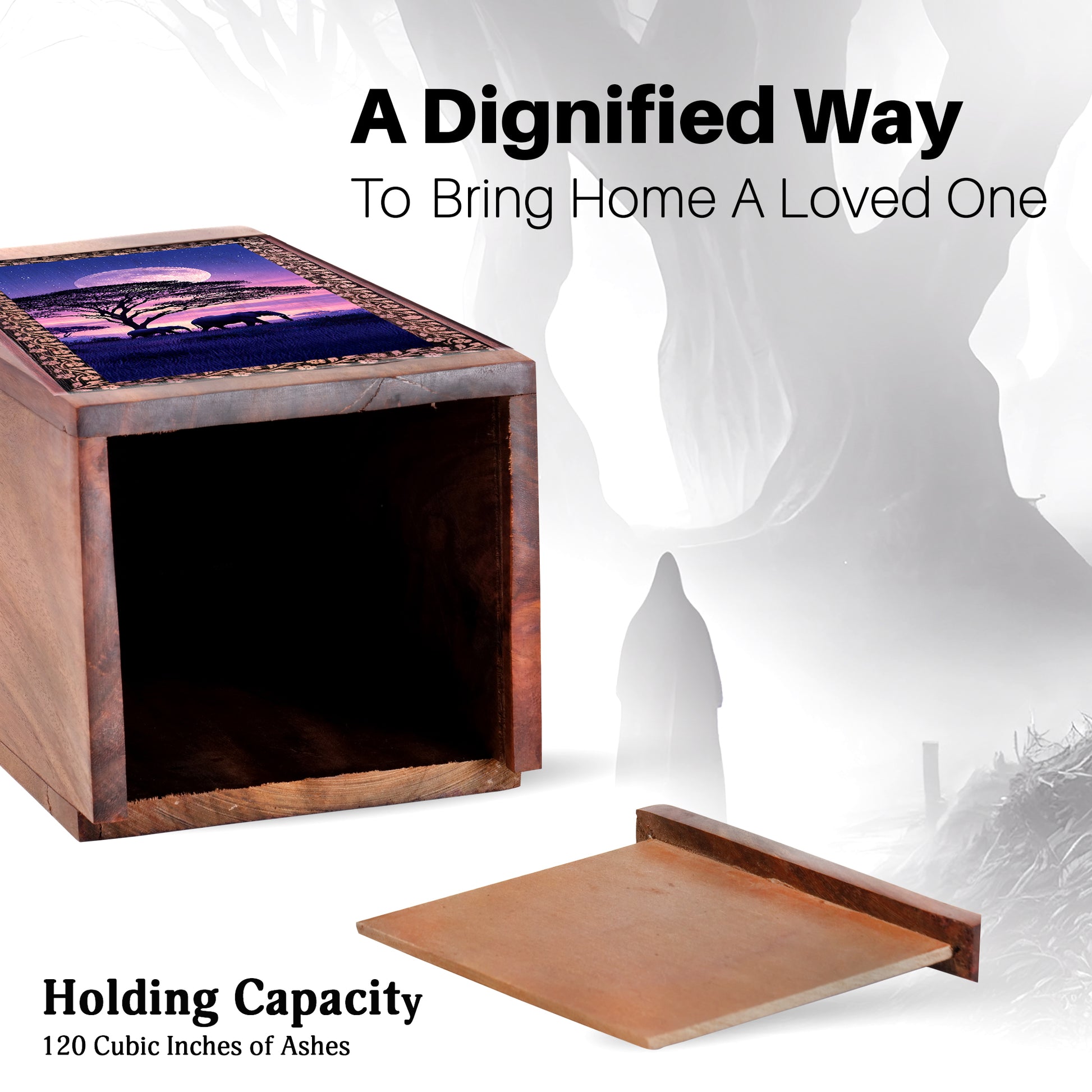 Elephant Themed Urn For Memorial - Lunar Moon Wooden Cremation Ashes Box