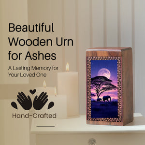Elephant Themed Urn For Memorial - Lunar Moon Wooden Cremation Ashes Box