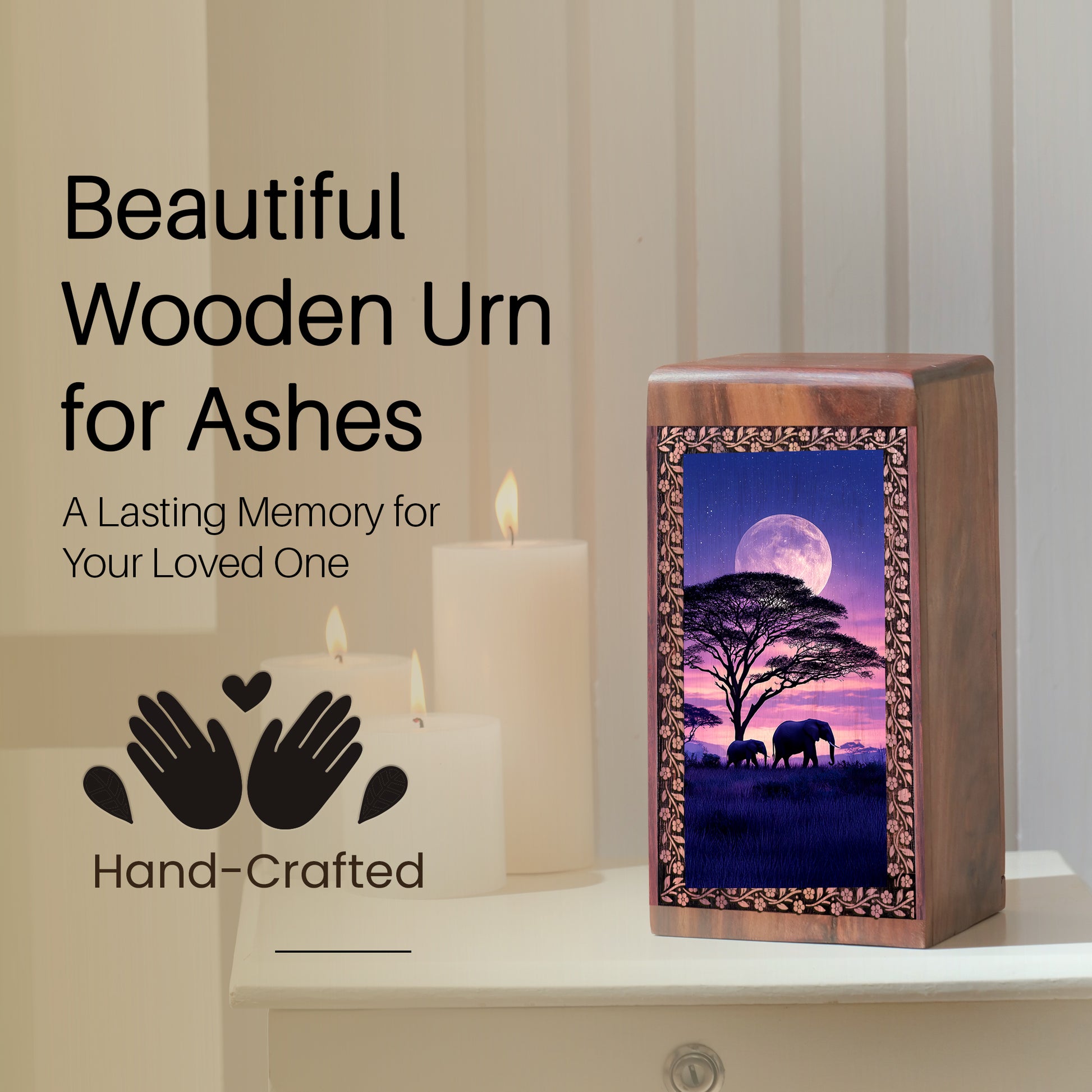 Elephant Themed Urn For Memorial - Lunar Moon Wooden Cremation Ashes Box