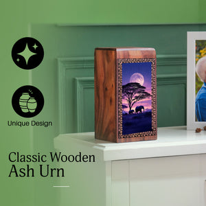 Elephant Themed Urn For Memorial - Lunar Moon Wooden Cremation Ashes Box