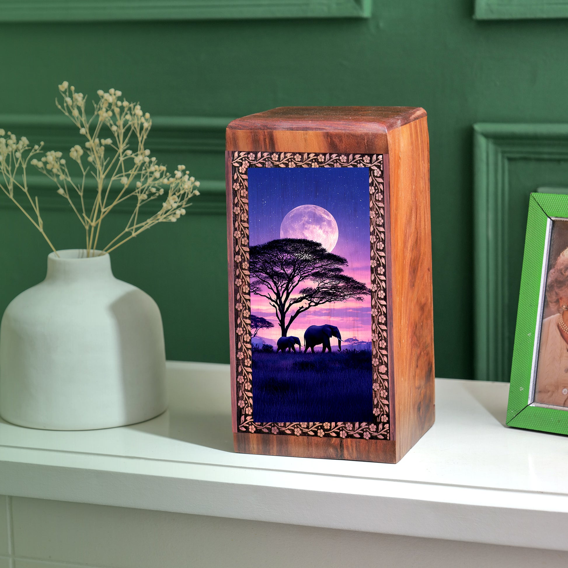 Elephant Themed Urn For Memorial - Lunar Moon Wooden Cremation Ashes Box