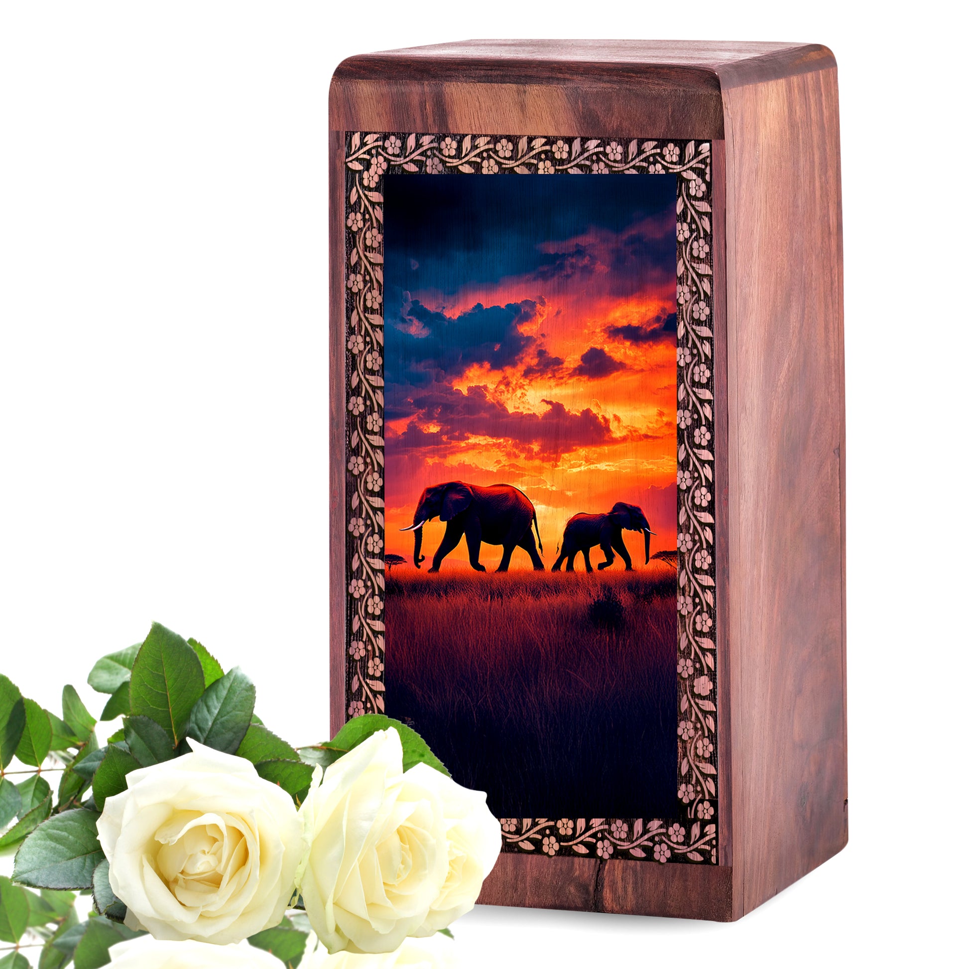 Elephant Cremation Urn For Burial - Sunset Themed Wooden Box For Ashes Burial