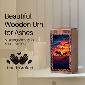 Elephant Cremation Urn For Burial - Sunset Themed Wooden Box For Ashes Burial
