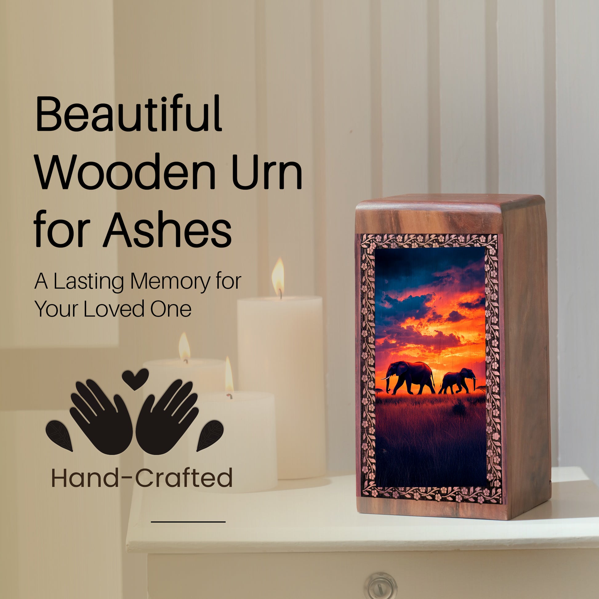 Elephant Cremation Urn For Burial - Sunset Themed Wooden Box For Ashes Burial