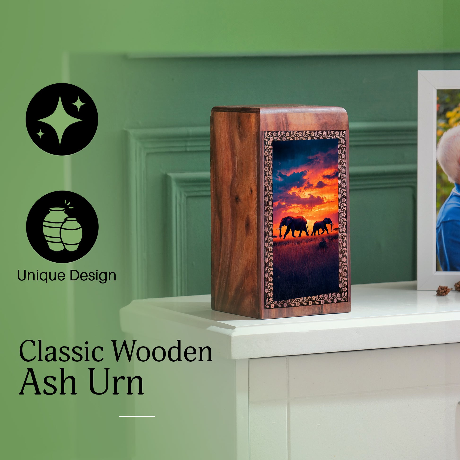 Elephant Cremation Urn For Burial - Sunset Themed Wooden Box For Ashes Burial