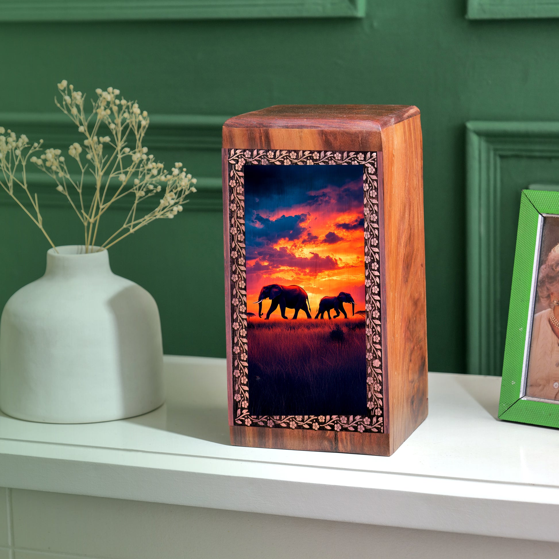 Elephant Cremation Urn For Burial - Sunset Themed Wooden Box For Ashes Burial