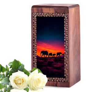 Elephant Family Wooden Memorial Box - Ashes Cremation Urn For Funeral