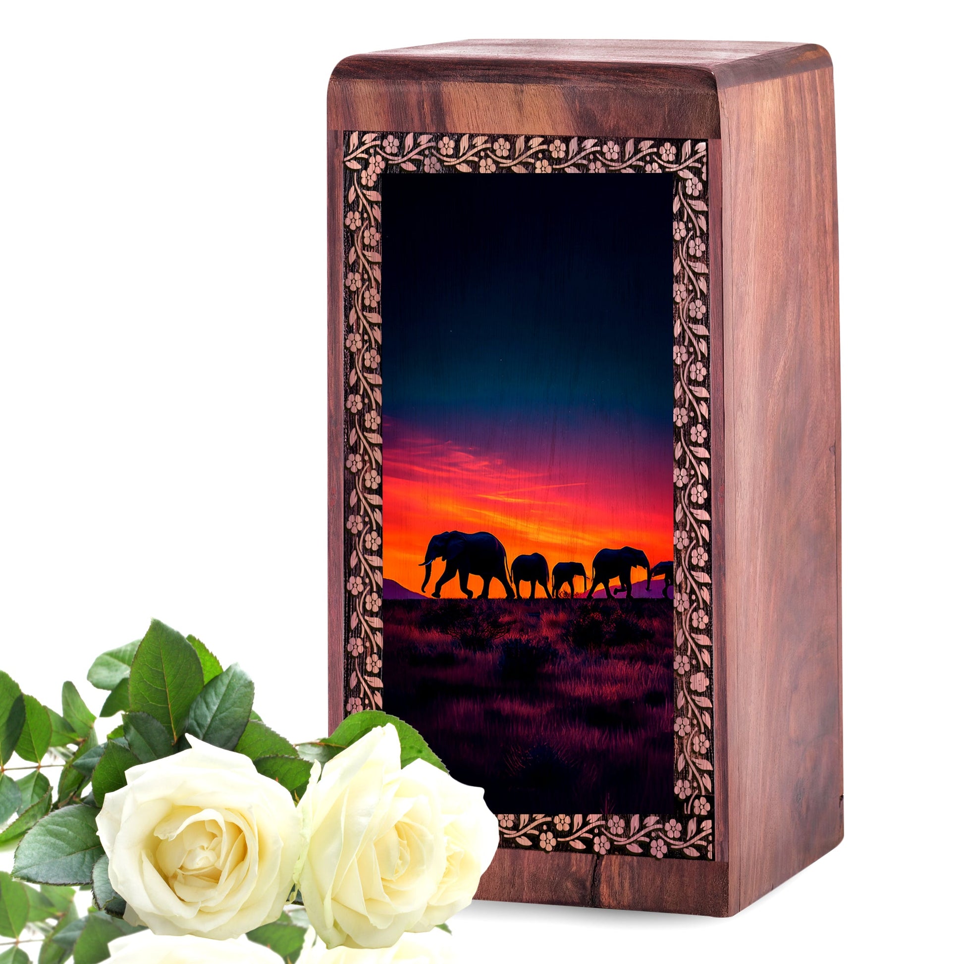 Elephant Family Wooden Memorial Box - Ashes Cremation Urn For Funeral