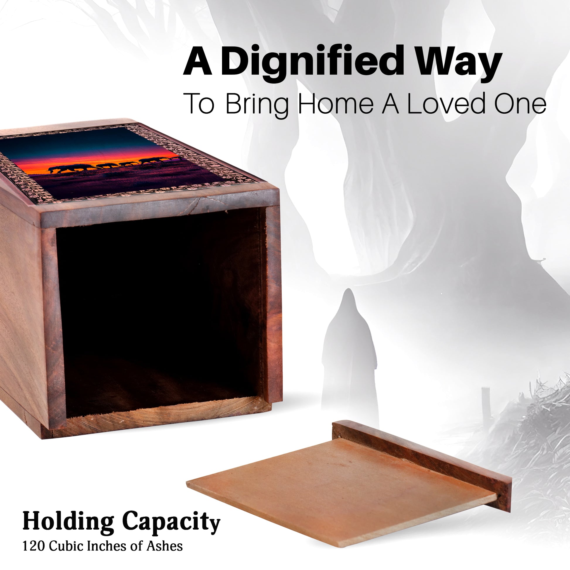 Elephant Family Wooden Memorial Box - Ashes Cremation Urn For Funeral