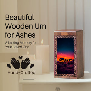 Elephant Family Wooden Memorial Box - Ashes Cremation Urn For Funeral