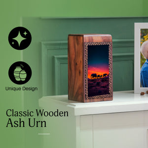 Elephant Family Wooden Memorial Box - Ashes Cremation Urn For Funeral