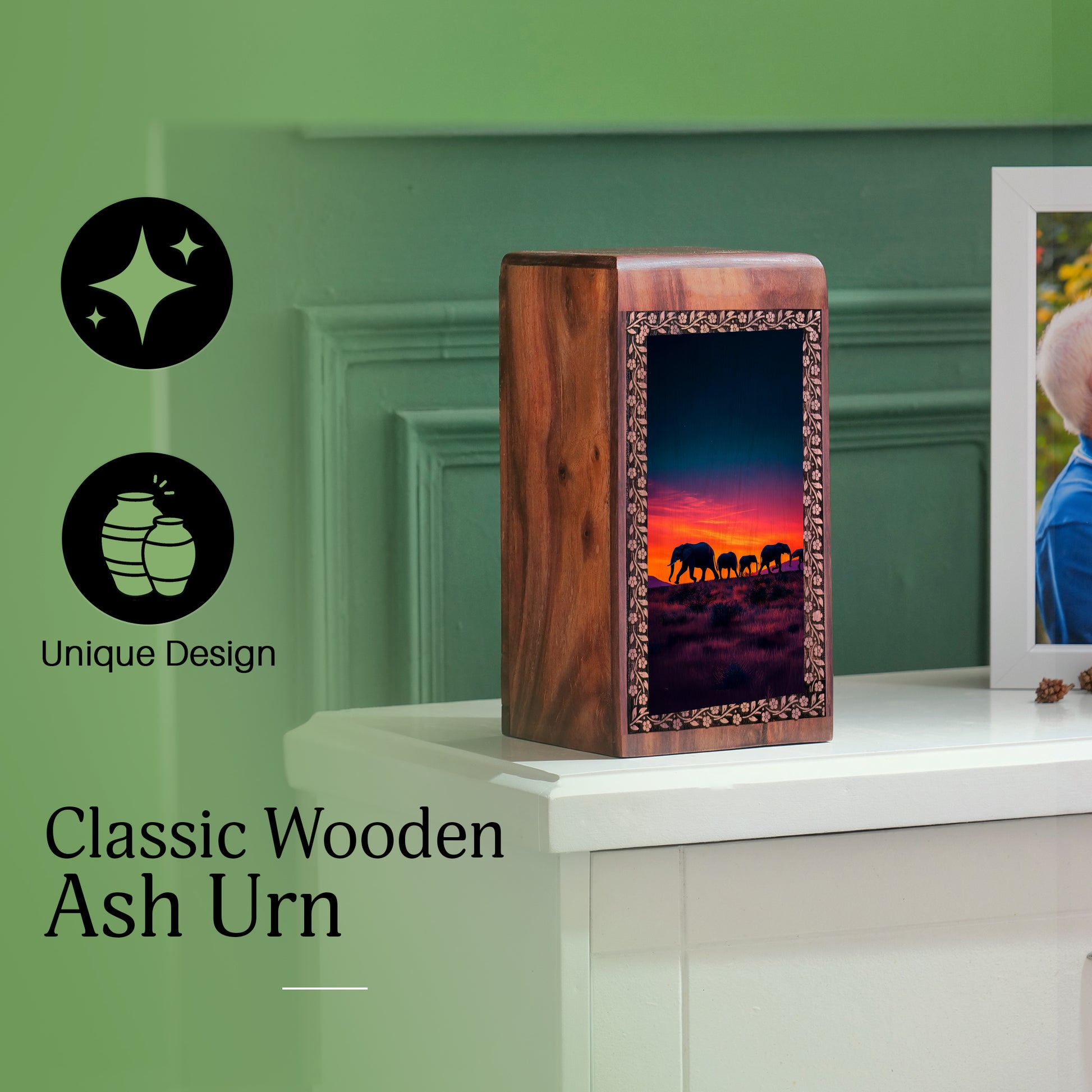 Elephant Family Wooden Memorial Box - Ashes Cremation Urn For Funeral