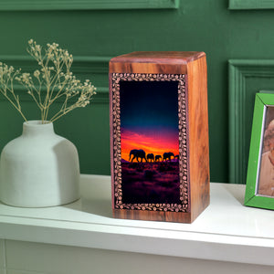 Elephant Family Wooden Memorial Box - Ashes Cremation Urn For Funeral