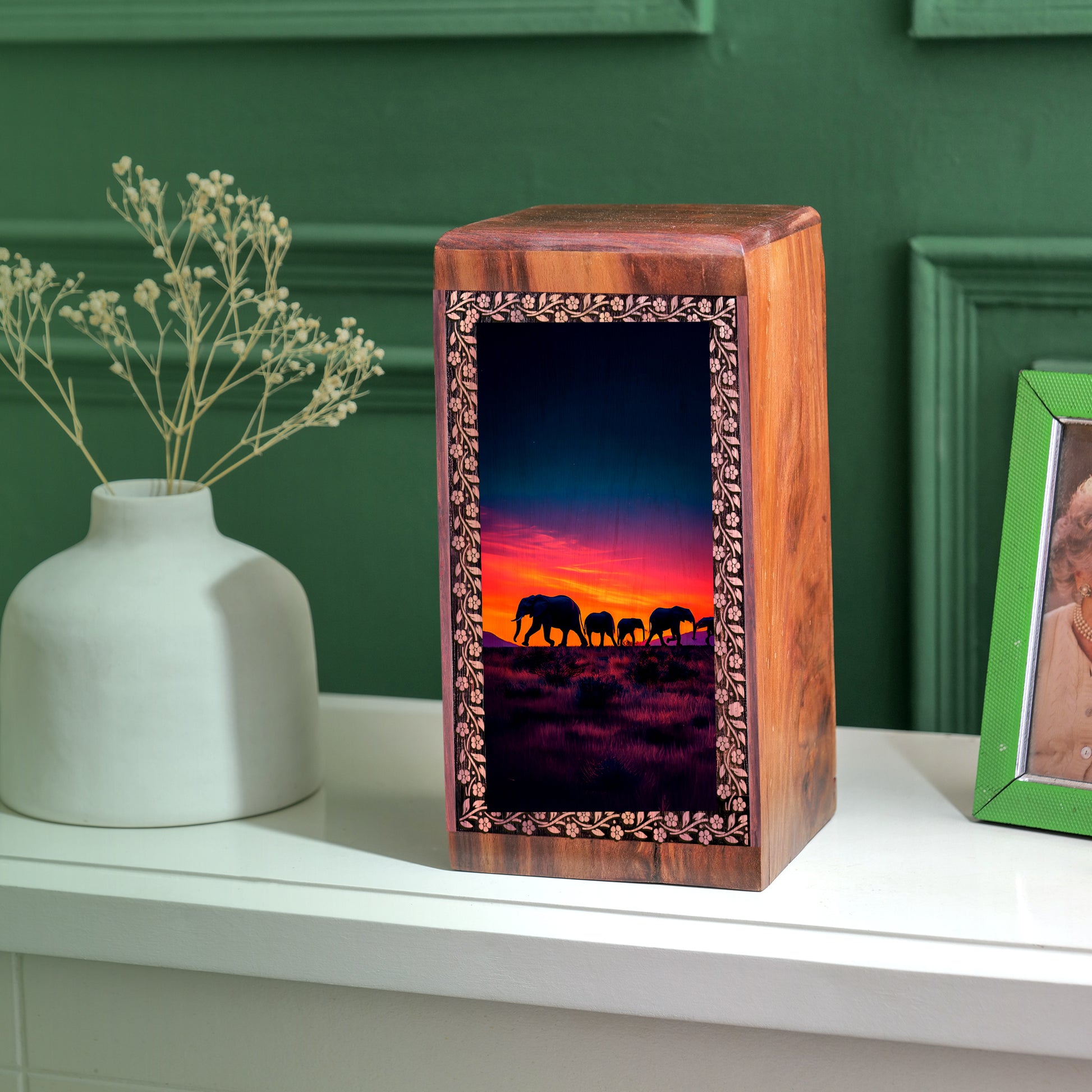 Elephant Family Wooden Memorial Box - Ashes Cremation Urn For Funeral