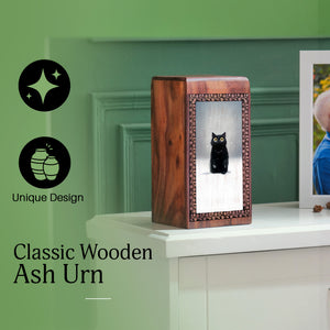 Black Cat Wooden Funeral Box - Beautiful Wooden Memorial Urns For Ashes