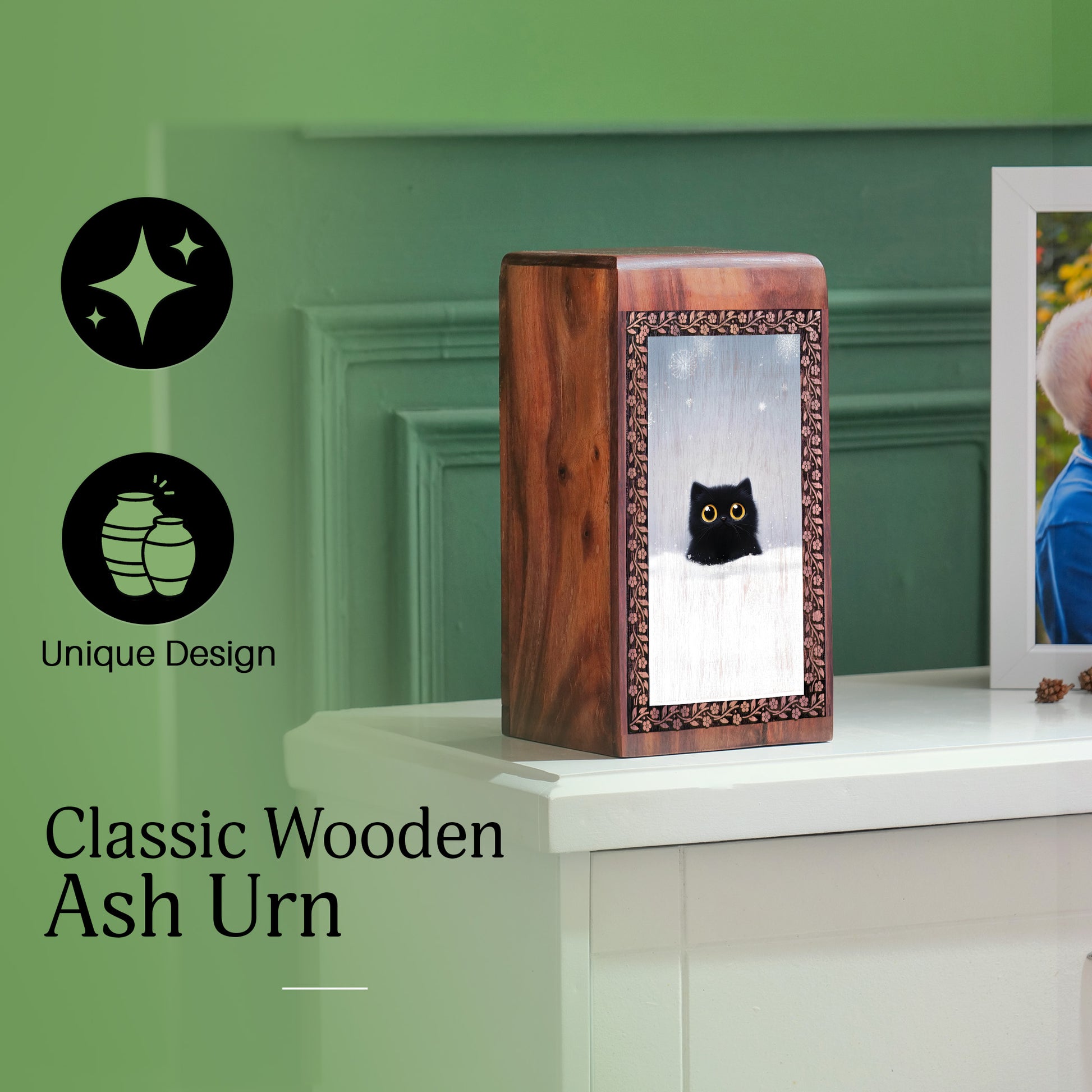 Black Cat Memorial Urns For Ashes - Wooden Box Urns For Pet Ashes