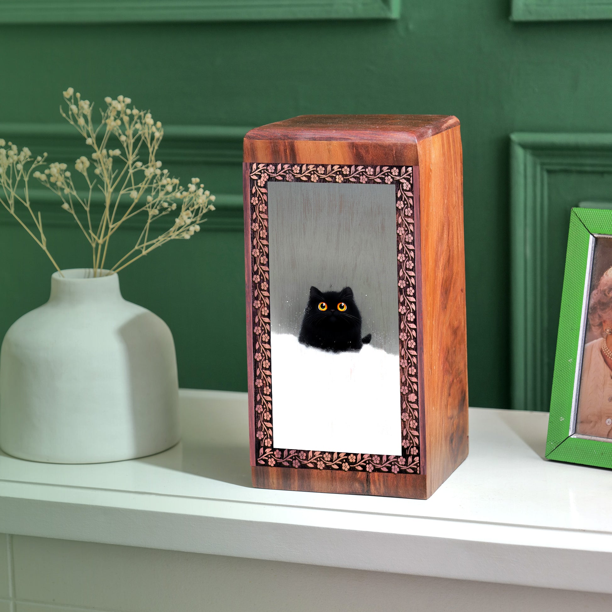 Black cat Art Wooden Box For Ashes Burial - Wood Box For pet Cat's Ashes