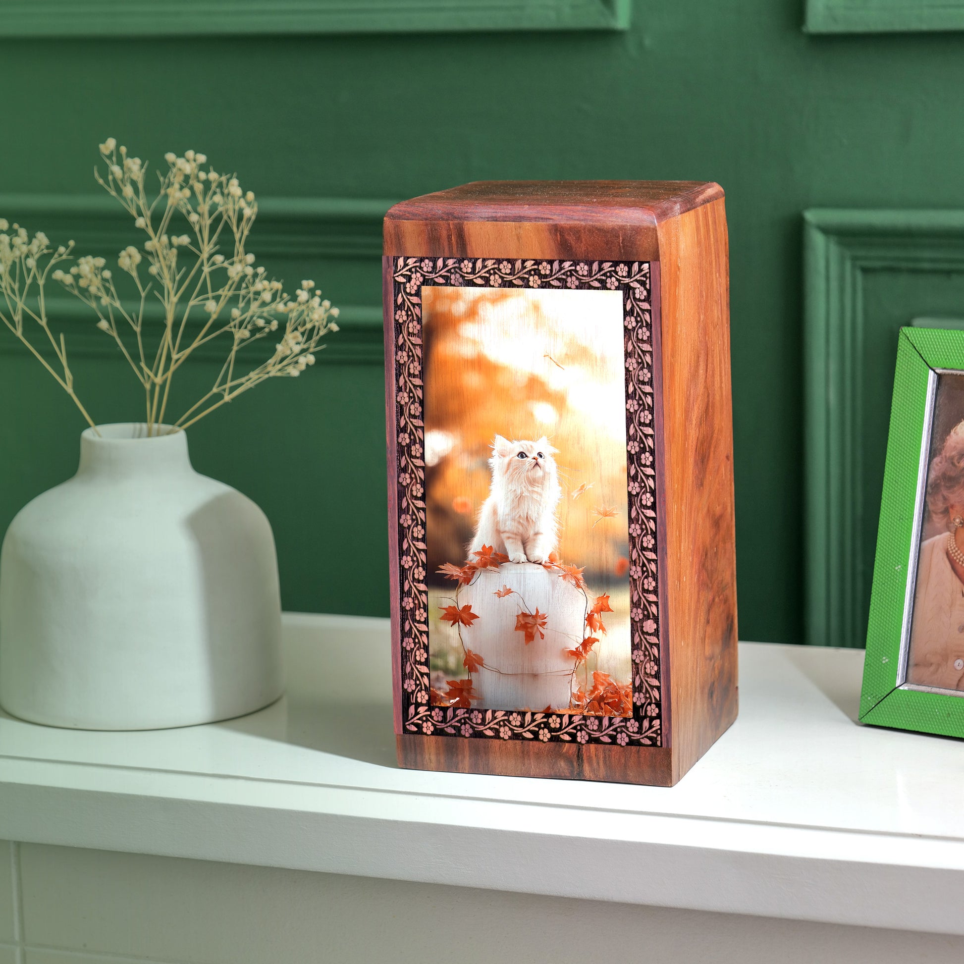 White Cat Cremation Ashes Urn For Funeral - Handcrafted Burial Urn For Cat