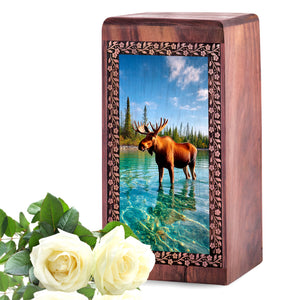 Moose In River Cremation Urn - Wooden Funeral Urns For Human Ashes