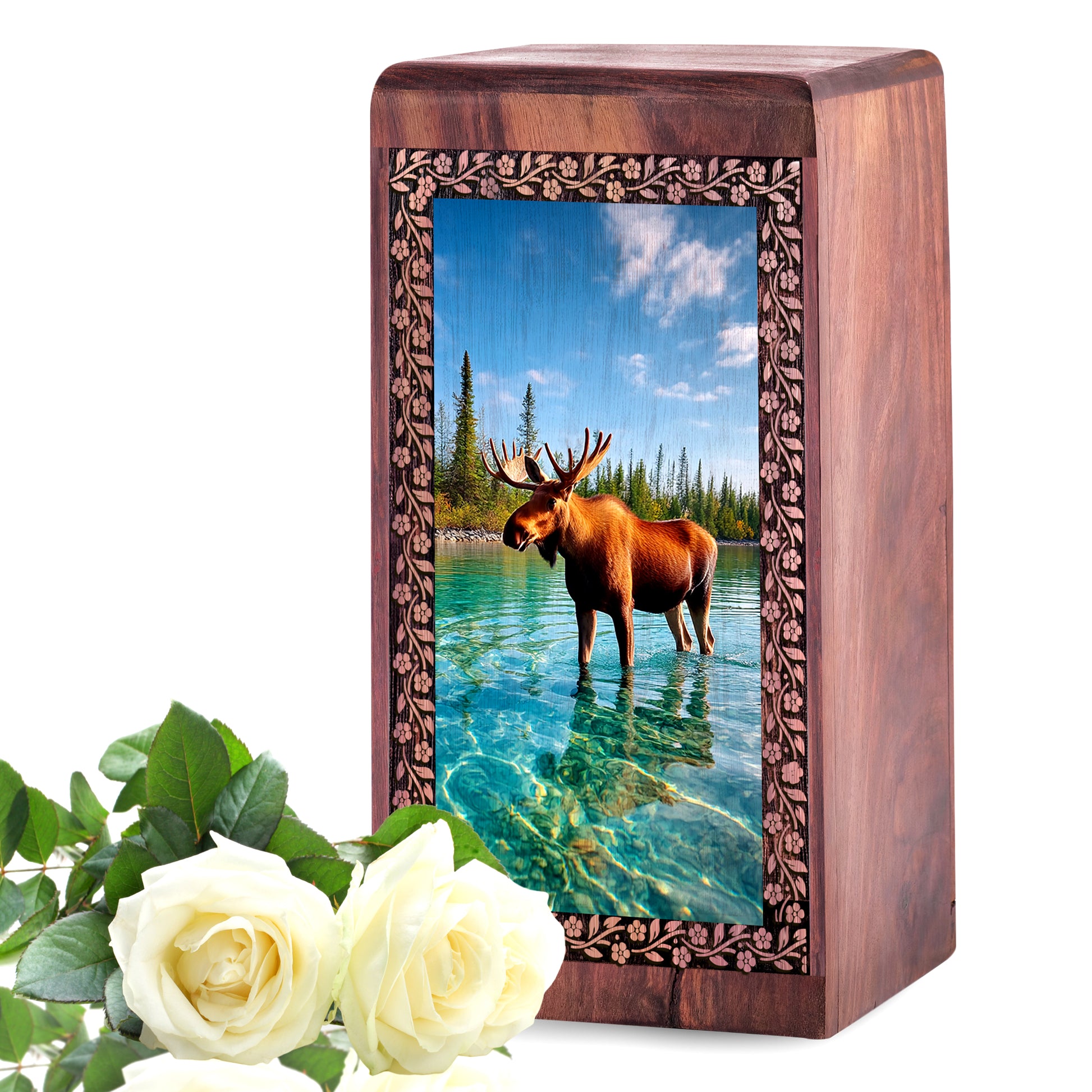 Moose In River Cremation Urn - Wooden Funeral Urns For Human Ashes