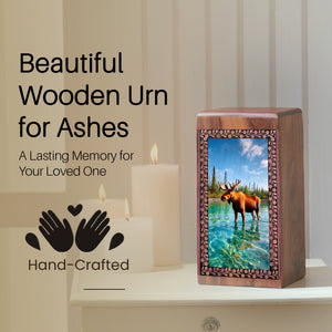 Moose In River Cremation Urn - Wooden Funeral Urns For Human Ashes