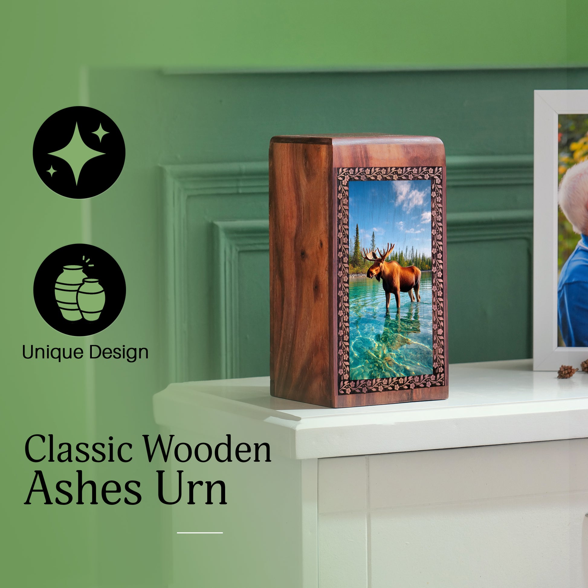 Moose In River Cremation Urn - Wooden Funeral Urns For Human Ashes
