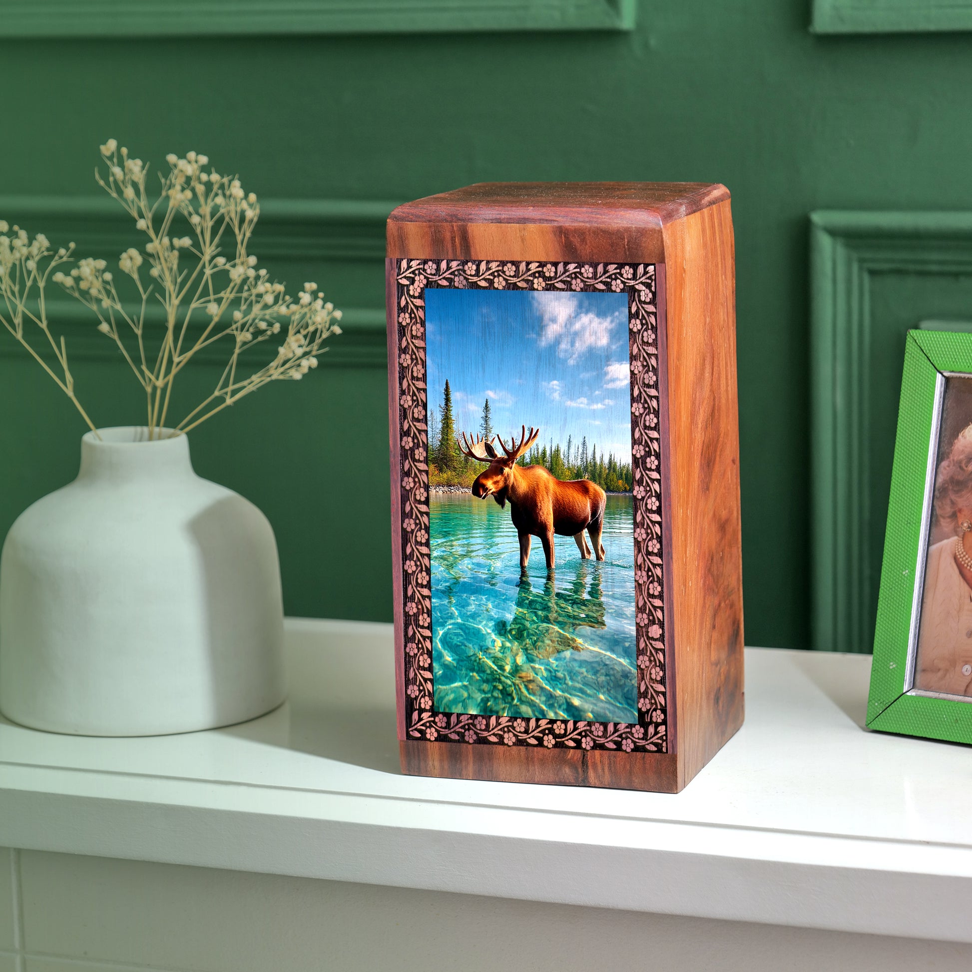 Moose In River Cremation Urn - Wooden Funeral Urns For Human Ashes