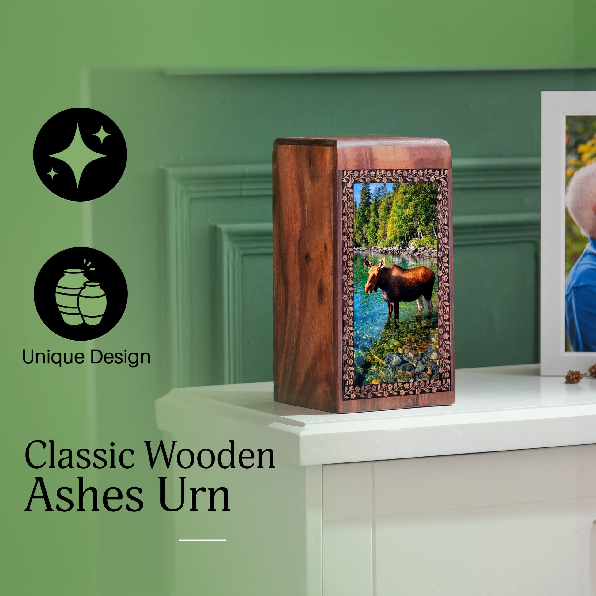 Moose Cremation Urn - Wooden Urns Box For Human Ashes Adult Male